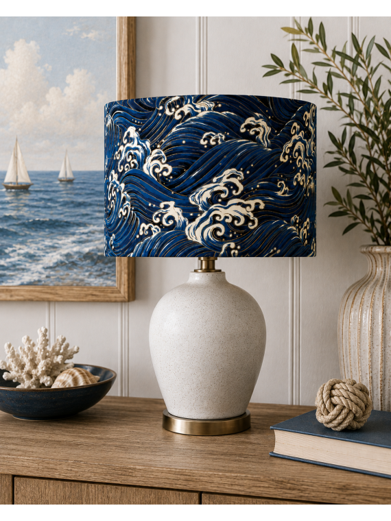 Ocean Wave with Gold Detailing Drum Lampshade, Ceiling Pendant, Table Lamp